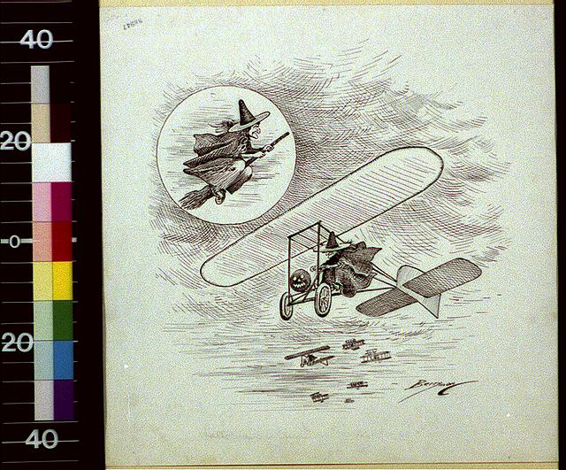 Halloween Ancient and Modern illustration from 1909 showing a witch flying in an early airplane.